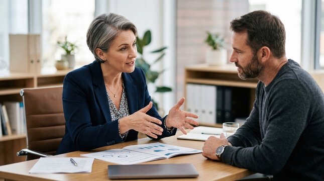 Focused medium shot of a loan counselor discussing consolidation options with a midcareer client highlighting the advisors gestures against a muted background.