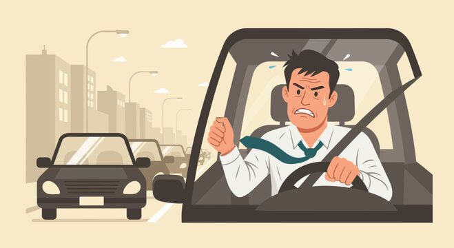 Angry businessman stuck in traffic jam, frustrated driver honking horn in city street