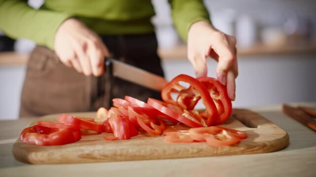 Chef hands slicing pepper on wooden board kitchen closeup. Dancing lady cooking