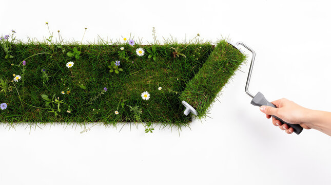 Hand painting a strip of green grass with wildflowers onto a white surface using a roller