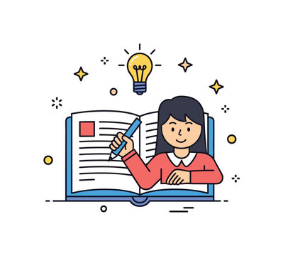 Active learning strategy depicted by a student highlighting notes in an open book with a small lightbulb icon above, expressing engagement and idea retention.