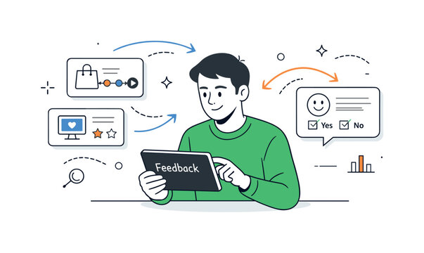Consumer Behavior Analysis. A marketer reviewing customer journey cards and survey responses on a digital tablet labeled ?Feedback?. Calm concentration while