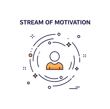 Stream of motivation positive mindset badge showing a central figure surrounded by soft circular motion lines ending in subtle star accents. The compact