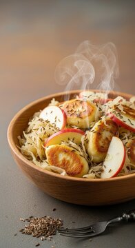 Authentic German Schupfnudeln Potato Dumplings with Sauerkraut and Earth-Toned Negative Space