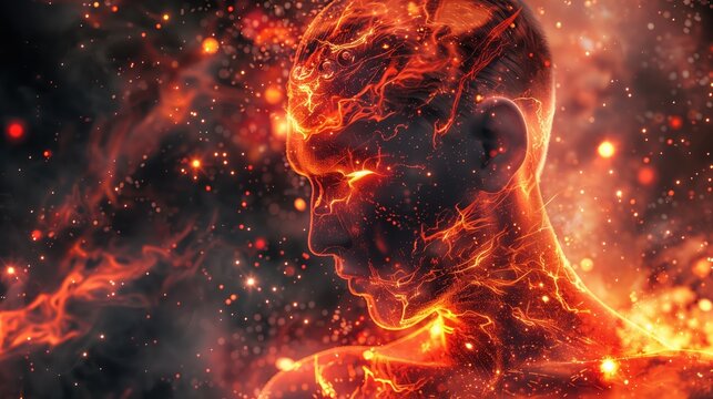 Human Head Exploding with Fiery Energy and Abstract Particles