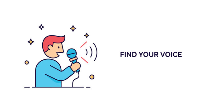 Public speaking confidence concept featuring a simplified figure holding a microphone with small sound wave accents radiating outward, symbolizing voice