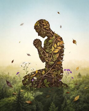 human figure nature rebirth growth forest life cycle concept
