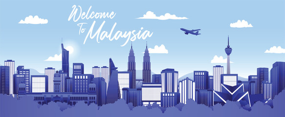 Fototapeta premium Vector design Ilustration of city of Kuala Lumpur and Malaysia flag. Malaysia Travel concept. Welcome to Malaysia.