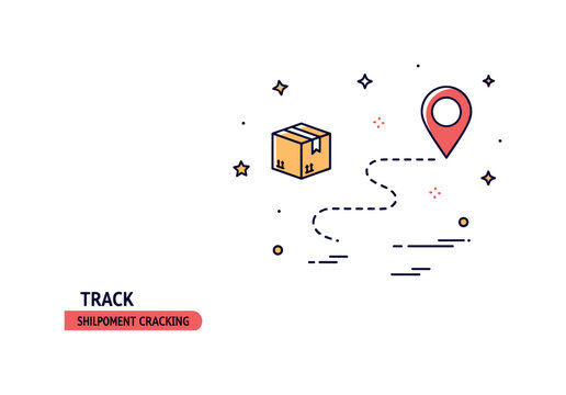 Track shipment tracking theme centered on a small delivery box icon with a dotted route line leading to a location pin. A practical visual metaphor