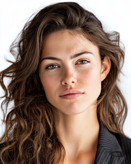 Fototapeta premium Elegant Woman's Gaze: A captivating portrait of a stylish woman with long, flowing hair and an unwavering, direct gaze, evoking confidence and allure. 