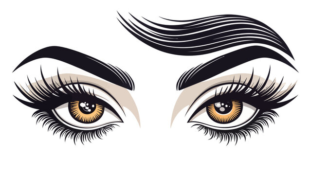 Vector illustration of female eyes with long eyelashes and thick eyebrows on white background beauty and makeup concept