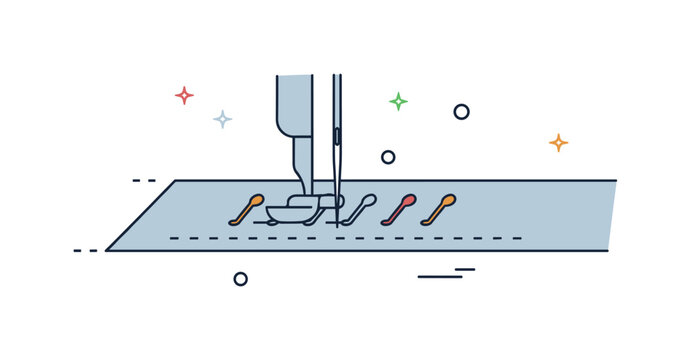 Creative stitching detail close view of a sewing machine needle forming visible stitches across fabric. A compact visual metaphor about patience, precision and