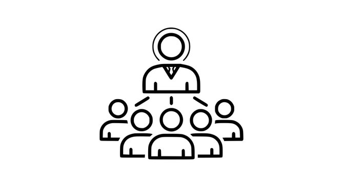 A black and white line art icon depicting a central leader overseeing a group of team members