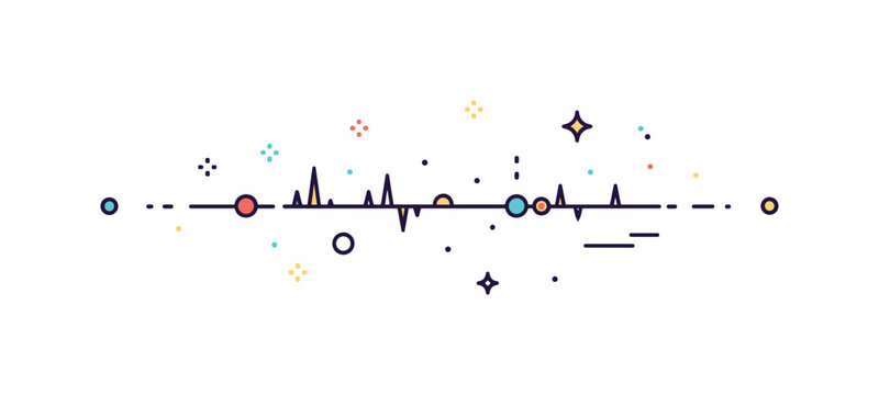 Quantum field fluctuation concept illustrated through a calm horizontal line interrupted by small energy spikes and floating particles, expressing vacuum