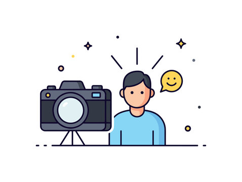 Portrait photography session featuring a camera facing a simplified human silhouette with soft light rays and a tiny smile icon expressing confidence. The