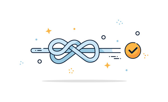 Problem solved tangled knot transforming into a smooth straight line with a small check mark accent. The compact badge visually represents clarity emerging