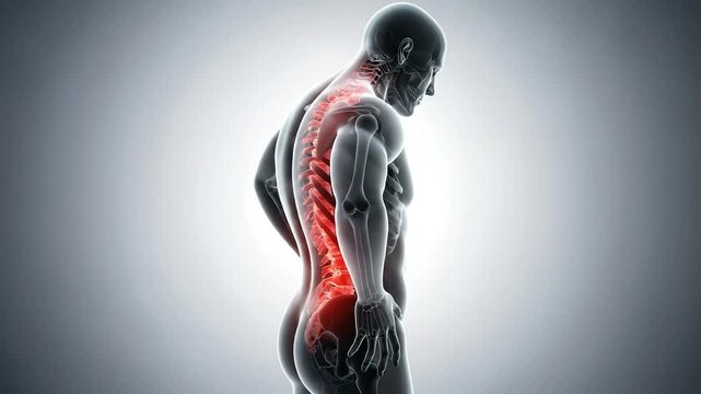 Human skeleton with highlighted spine and lower back pain
