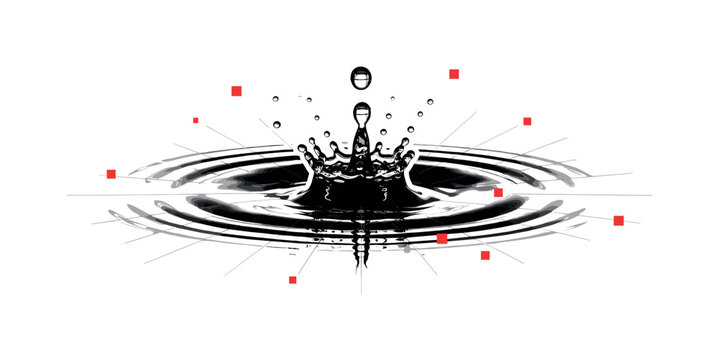 Close-up monochrome water droplet splashing on lake surface, surrounded by small red square accents and thin grid lines referencing ripple geometry, white