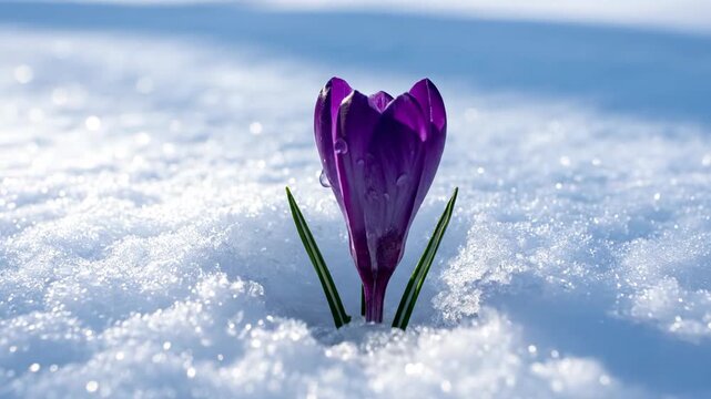 Crocus flower blooming through sparkling white snow under bright sunlight, symbolizing spring arrival