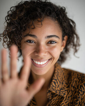 Cheerful young woman with a warm gesture: A close-up portrait showcases a radiant woman with a wide smile and outstretched hand, conveying friendliness and positivity.