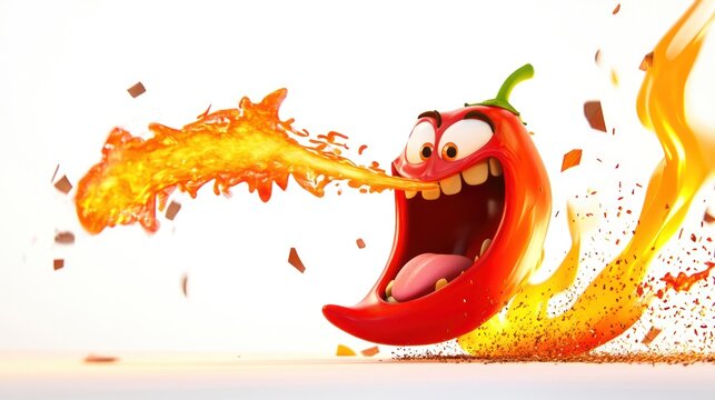 Cartoon chili pepper emitting fire, extreme heat, digital art, humorous