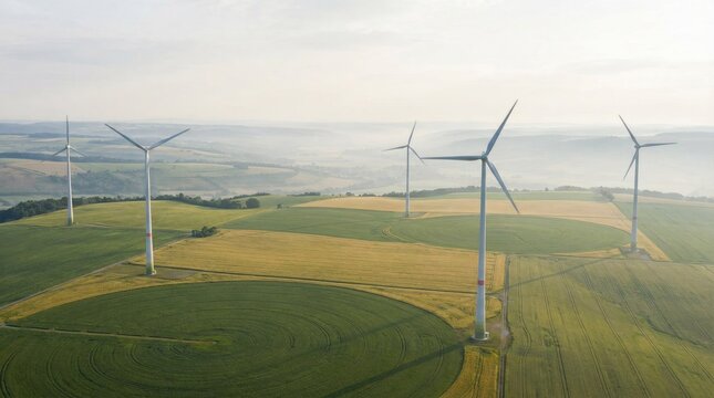 Rolling hills with wind turbines and circular fields under a hazy sky wind farm renewable energy