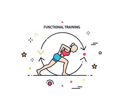 Functional training burpee badge showing a central dynamic silhouette framed by subtle circular arrows, expressing continuous movement and metabolic