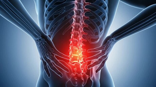Lower Back Pain Spine Injury Human Skeleton Xray View with Glowing Red Spot Indicating Affected Area