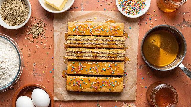 Overhead flat lay of Peruvian turr&oacute;n de Do&ntilde;a Pepa layered anise cookie bars with colorful candy sprinkles and syrup on parchment