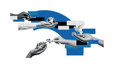 Monochrome close-up of hands from different cultures holding symbolic objects, intersected by a large blue semicircle and abstract rectangular blocks