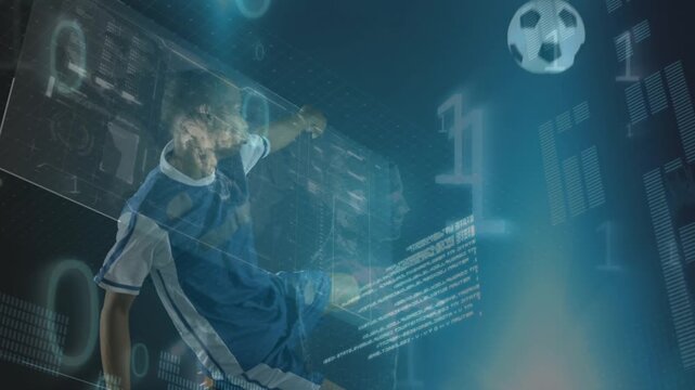 Animation of data processing and binary code over african american male soccer player kicking ball