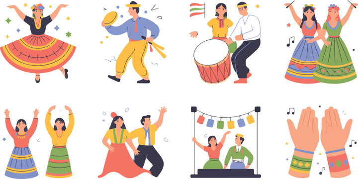 Traditional folk dance collection featuring people in ethnic costumes playing music and performing cultural art