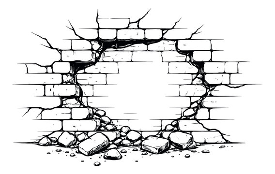 Hand drawn line art illustration of a broken brick wall depicting a hole with falling bricks for architectural design