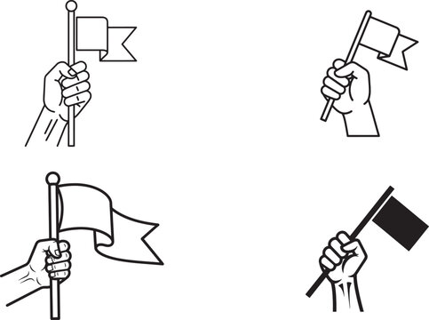 A collection of four minimalist black and white vector illustrations depicting hands holding flags