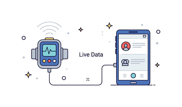 Remote patient monitoring platform showing a wearable device connected wirelessly to a mobile app interface. Subtle signal lines and a gentle ?Live Data?