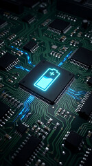 Fototapeta premium Microchip with Glowing Battery Icon on Green Circuit Board