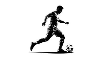 Naklejka premium dynamic silhouette of a male soccer player dribbling a football on a white background ideal for sports graphic design