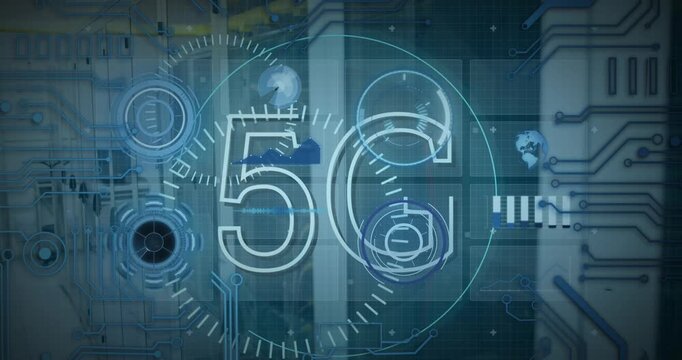 Animation of 5g text banner, microprocessor connections and data processing against server room