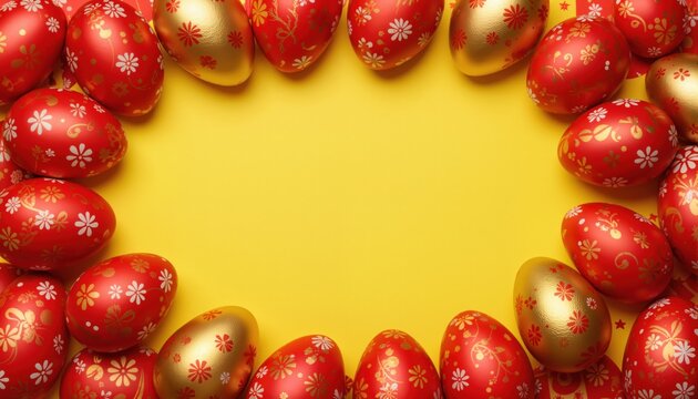 "Wallpaper for Easter card invitation, with red and gold easter eggs on yellow background with copy space "
