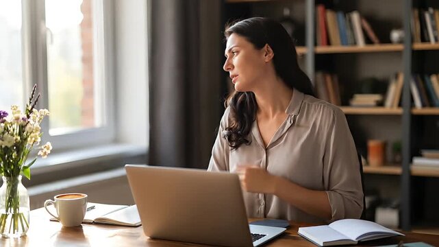 Woman experiencing neck pain while working on laptop at desk with books and coffee