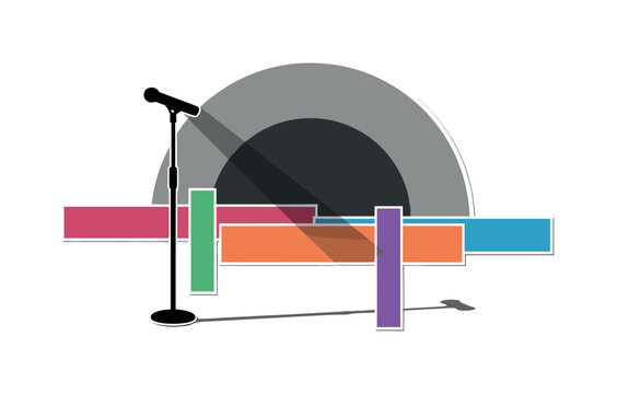A monochrome silhouette of a microphone stand casting a long shadow, oversized flat semicircle behind symbolizing stage lighting, rectangular color panels