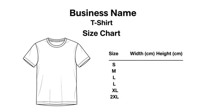 t-shirt size chart template with blank outline for apparel businesses showing clothing dimensions for e-commerce product listings