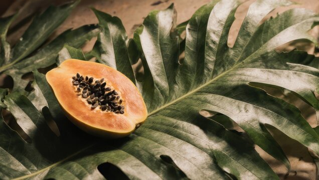 Halved papaya rests on textured green leaf; tropical, detailed still life, soft lighting
