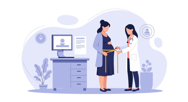 Doctor measuring pregnant woman's belly with tape in clinic, healthcare checkup