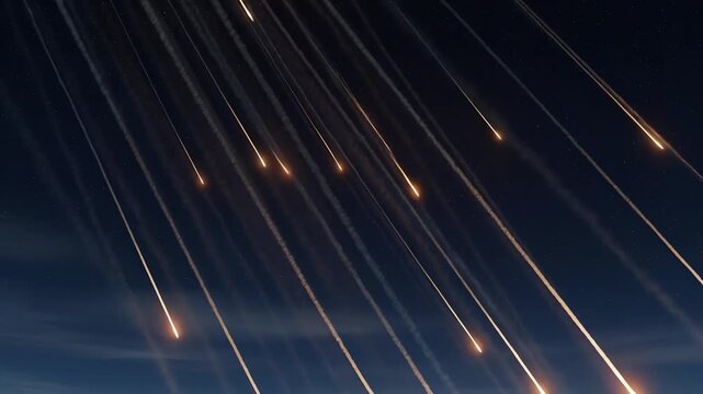 Dynamic glowing lines of missiles fall from the dark starry sky with their trails