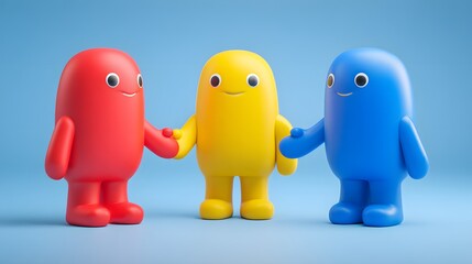 Fototapeta premium Three colorful cartoon characters holding hands in a line.