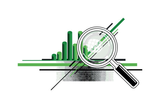 A realistic monochrome magnifying glass placed over binary code on a monitor, combined with green cylindrical accents and diagonal lines indicating