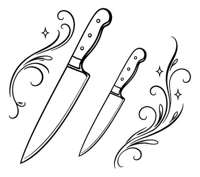 Hand drawn line art kitchen knife set featuring two chef knives with decorative elements for culinary design