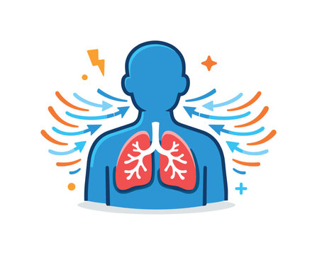 Rapid breathing lungs illustrated with expanding air lines and tiny airflow arrows surrounding a calm human silhouette, expressing how breathing becomes faster