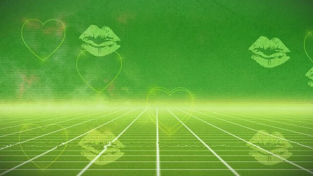 Animation of grid and falling hearts and kisses icons over green background
